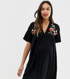Хлопковое платье с вышивкой и сборками ASOS DESIGN Maternity Ultimate-Черный