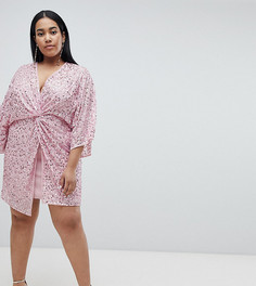 Платье-кимоно мини с узлом спереди и пайетками ASOS DESIGN CURVE-Розовый