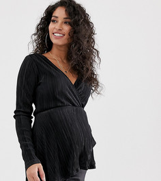 Плиссированный топ с длинными рукавами, запахом и асимметричным краем ASOS DESIGN Maternity-Черный