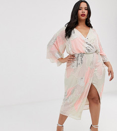 Платье-кимоно миди с искусственным жемчугом и пайетками ASOS DESIGN Curve-Мульти