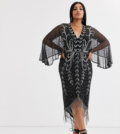 Платье миди с широкими рукавами и вышивкой бисером ASOS DESIGN Curve-Черный