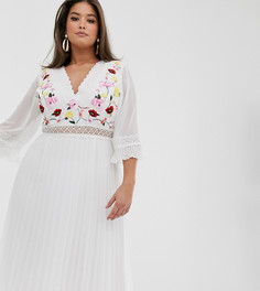 Плиссированное платье миди с кружевной вставкой и вышивкой ASOS DESIGN Curve-Белый