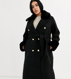 Черное пальто-халат с манжетами из искусственного меха River Island Plus-Черный
