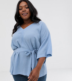 Фактурный oversize-топ с V-образным вырезом, поясом и рукавами 3/4 ASOS DESIGN Curve-Синий
