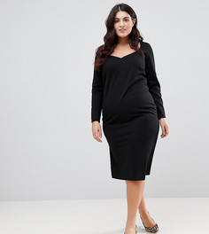 Платье-футляр миди с V-образным вырезом и длинными рукавами ASOS CURVE-Черный