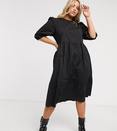 Черное свободное поплиновое платье миди с пышными рукавами New Look Curve-Черный
