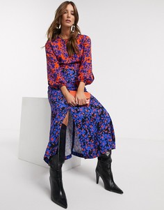 Платье миди с цветочным принтом, длинными рукавами и разрезом Closet London-Мульти