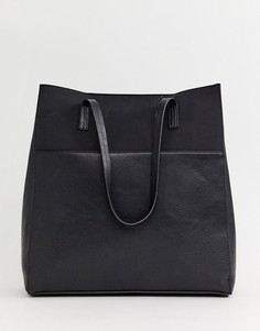 Кожаная сумка-шоппер с контрастной отделкой Pieces Louise-Черный