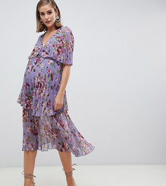 Платье миди в цветочек лилового цвета с ярусной плиссировкой ASOS DESIGN Maternity-Розовый