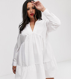 Ярусное свободное платье мини с длинными рукавами ASOS DESIGN Curve-Белый