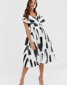 Платье миди для выпускного с открытыми плечами и принтом ASOS DESIGN-Мульти