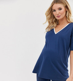 Синяя футболка с V-образным вырезом и окантовкой ASOS DESIGN Maternity-Синий