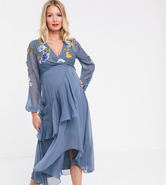 Платье миди с запахом и цветочной вышивкой ASOS DESIGN Maternity-Синий