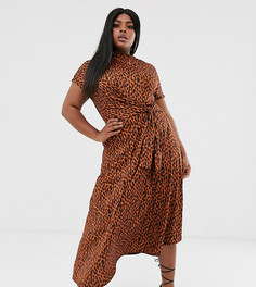 Платье миди с черепаховым принтом, свободным воротом и поясом ASOS DESIGN Curve-Мульти