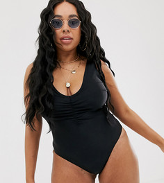 Черный слитный купальник с глубоким вырезом и минималистским дизайном ASOS DESIGN curve