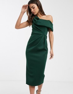 Зеленое платье-футляр миди со спущенным плечом и драпировкой ASOS DESIGN-Зеленый