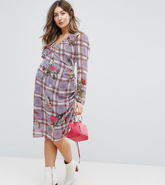 Платье миди в клетку с цветочным принтом и завязками ASOS Maternity TALL-Мульти