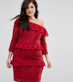 Кружевное платье-футляр на одно плечо с рюшами Lovedrobe-Красный