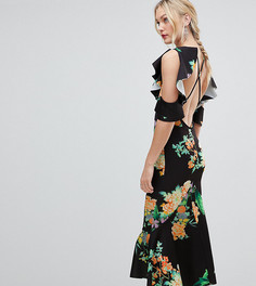 Платье миди с цветочным принтом, открытыми плечами и баской ASOS DESIGN Tall-Мульти