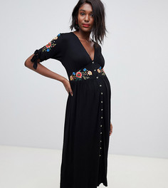 Чайное платье миди на пуговицах с вышивкой ASOS DESIGN Maternity-Черный