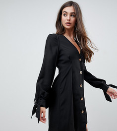 Короткое приталенное платье на пуговицах с завязками на рукавах ASOS DESIGN Tall-Черный