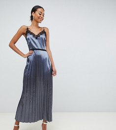 Сине-серое платье на бретельках с кружевной отделкой и плиссированной юбкой Little Mistress Tall-Серый