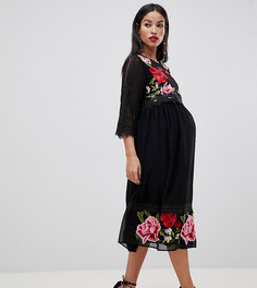 Двухслойное платье миди с вышивкой ASOS DESIGN Maternity-Черный