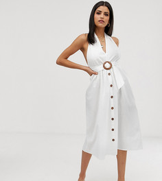 Сарафан миди из ткани с добавлением льна на пуговицах ASOS DESIGN Tall-Белый