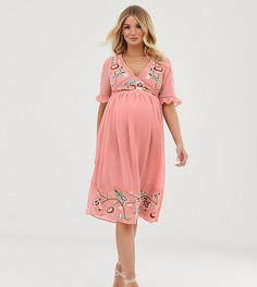 Платье миди с вышивкой и кружевной отделкой ASOS DESIGN Maternity-Розовый