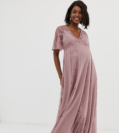 Платье макси с рукавами клеш и кружевными вставками ASOS DESIGN Maternity-Розовый