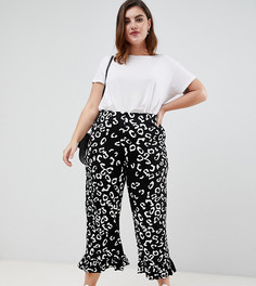 Монохромные брюки со звериным принтом и оборками по краю ASOS DESIGN Curve-Мульти