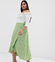Юбка миди с запахом и цветочным принтом Fashion Union Plus-Зеленый