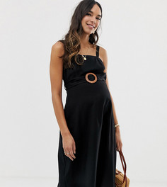 Льняной сарафан миди с квадратным вырезом и деревянными пряжками ASOS DESIGN Maternity-Черный