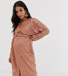 Платье миди с рукавами "летучая мышь", запахом и пайетками ASOS DESIGN Maternity-Коричневый