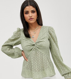Лонгслив с V-образным вырезом и вышивкой ришелье ASOS DESIGN Tall-Зеленый