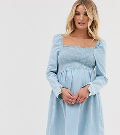 Голубое свободное джинсовое платье мини с присборенной отделкой ASOS DESIGN Maternity-Синий