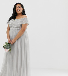 Серебристое платье макси из тюля с открытыми плечами Maya Plus Bridesmaid-Серый