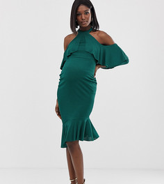 Платье миди с высоким воротом, открытыми плечами и оборками ASOS DESIGN Maternity-Зеленый