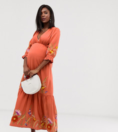 Платье макси с глубоким вырезом и вышивкой ASOS DESIGN Maternity-Розовый