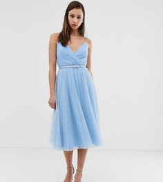 Плиссированное платье миди из тюля с поясом ASOS DESIGN Tall-Синий