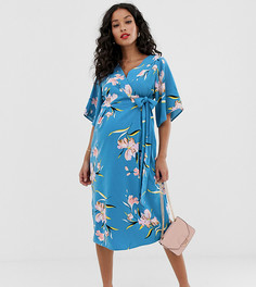 Платье миди для беременных с запахом и цветочным принтом Mamalicious-Синий Mama.Licious