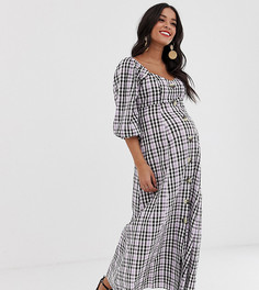 Платье макси на пуговицах в клетку с объемными рукавами ASOS DESIGN Maternity-Мульти