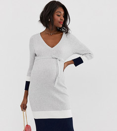 Трикотажное платье в рубчик с полосками Mamalicious maternity-Серый Mama.Licious