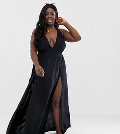 Черное пляжное платье макси с глубоким вырезом и оборками ASOS DESIGN Curve-Черный