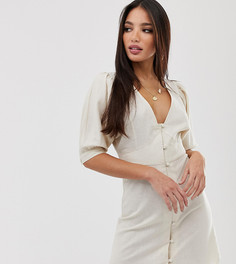 Короткое приталенное платье на пуговицах с объемными рукавами ASOS DESIGN Tall-Кремовый
