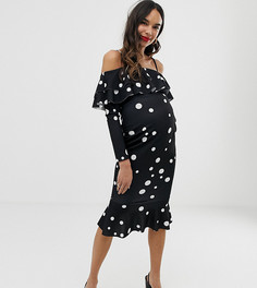 Платье миди в горошек с открытыми плечами и оборкой ASOS DESIGN Maternity-Мульти