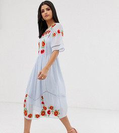 Свободное платье миди с вышивкой и отделкой "лесенка" ASOS DESIGN Tall-Синий