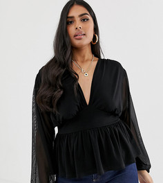 Лонгслив с пышными рукавами из сетчатой ткани ASOS DESIGN Curve-Черный