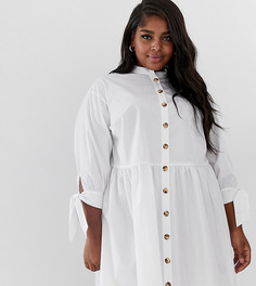 Свободное платье мини на пуговицах с завязками на рукавах ASOS DESIGN Curve-Белый