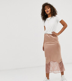 Атласная юбка миди косого кроя с кружевной отделкой по краю ASOS DESIGN Tall-Розовый